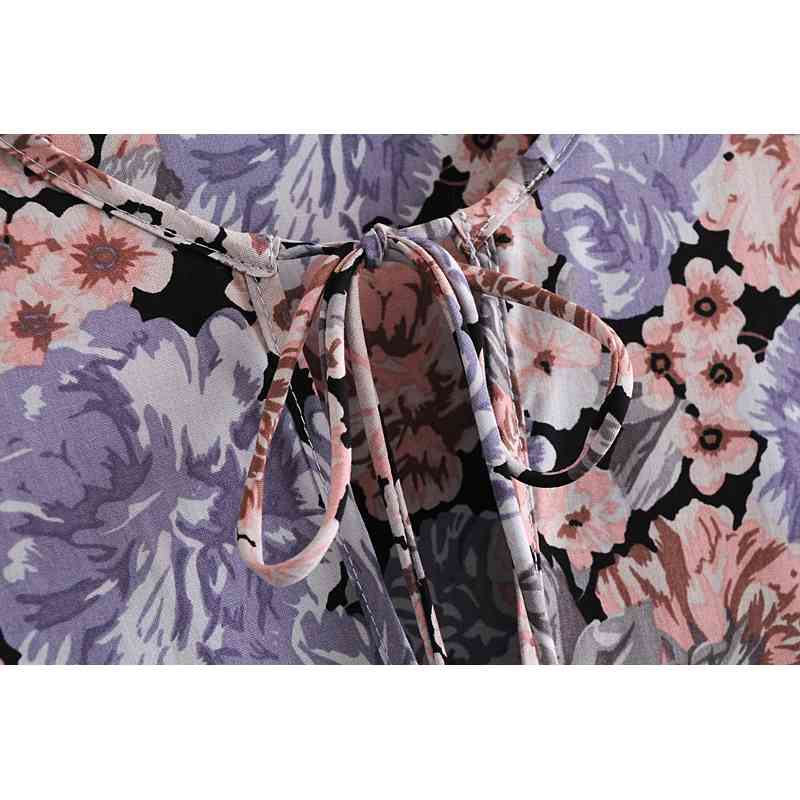 BOHO Lacing up V neck Purple Floral Print Maxi Long Cotton Dress Ethnic Woman Bandage Sleeve Dresses Holiday Vestido 210429