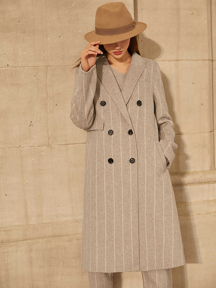 Minimalism Winter Fashion Women's Coat OLstyle Stripe Lapel Double breasted Aline Loose Woolen Female Jacket 12030372 210527