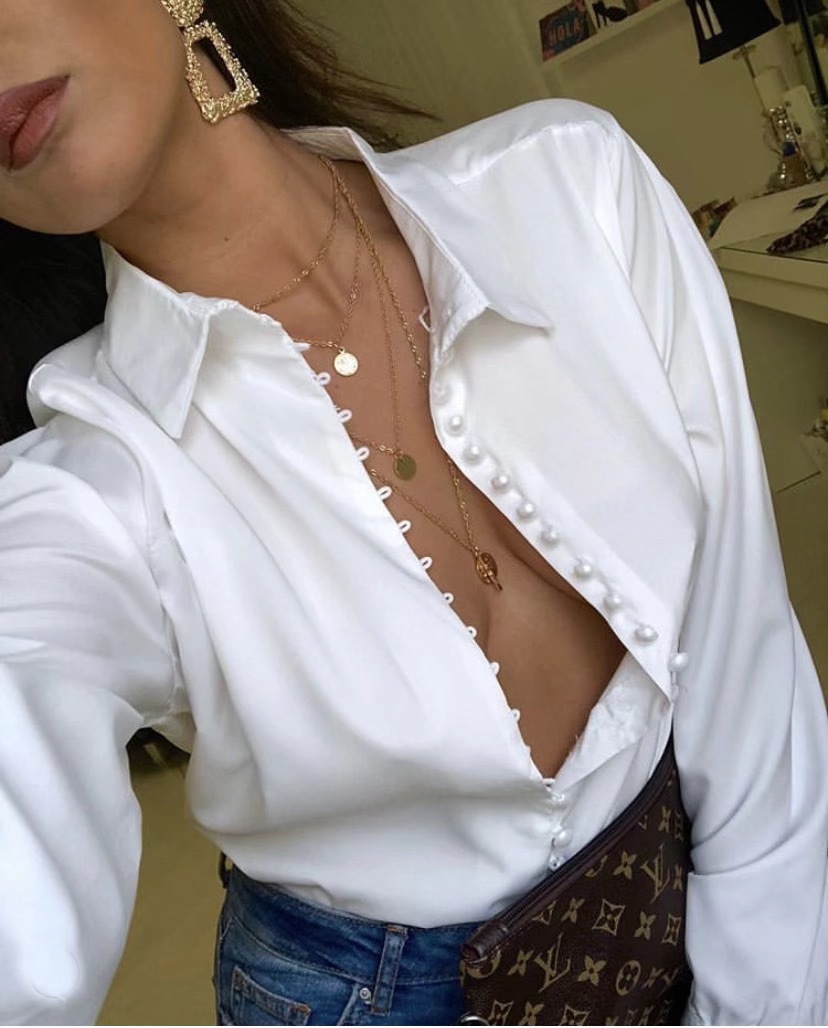 Retro Pearl Button Lapel Shirt French White color Single-breasted Long sleeve Women Blouse Casual Tops 210429