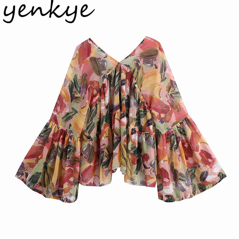Fashion Women Multicolor Print Chiffon Blouse Sexy Lace Up V Neck Flare Sleeve Holiday Boho Summer Tops Plus Size blusas 210430