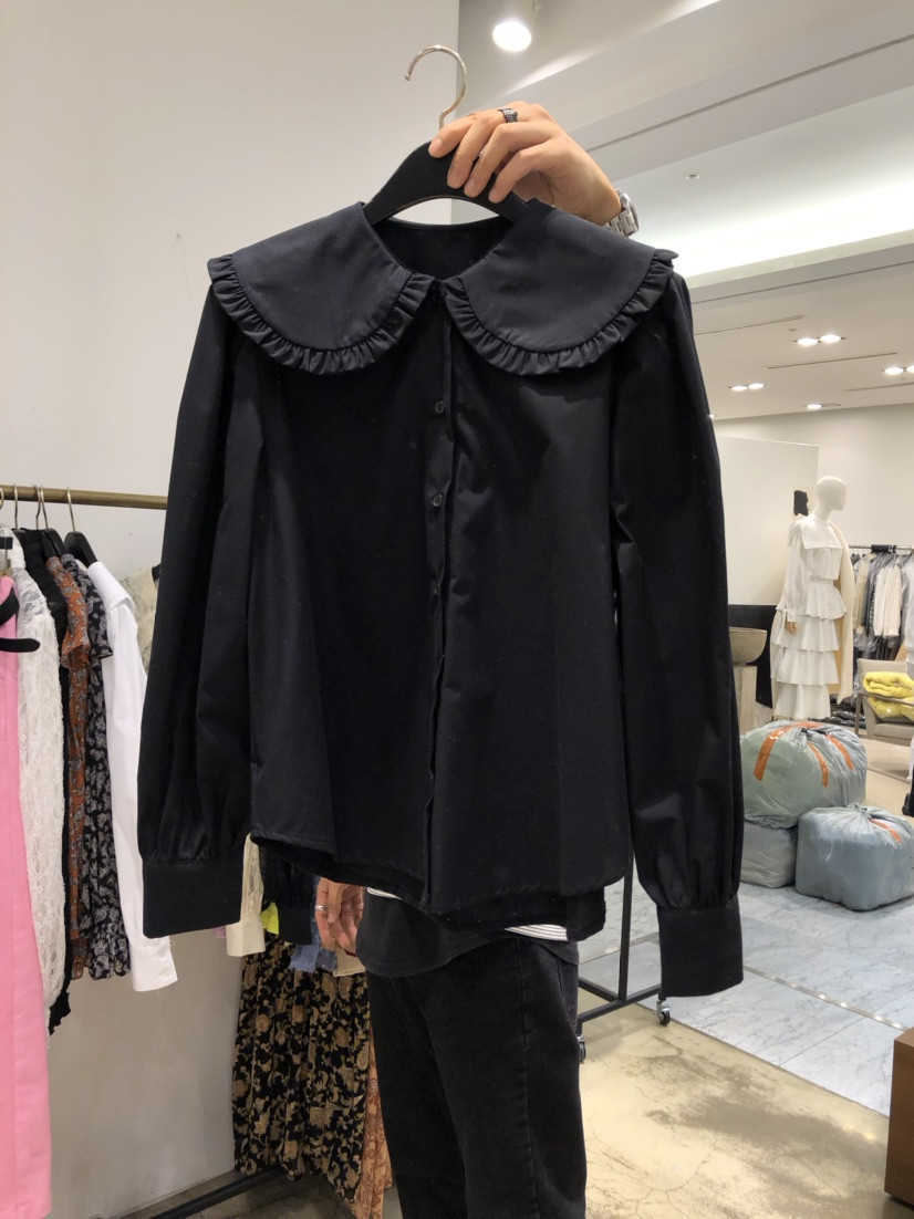 Spring Style Solid Lace Peter Pan Collar Button All Match Loose Full Shirt Blouse Women 210615