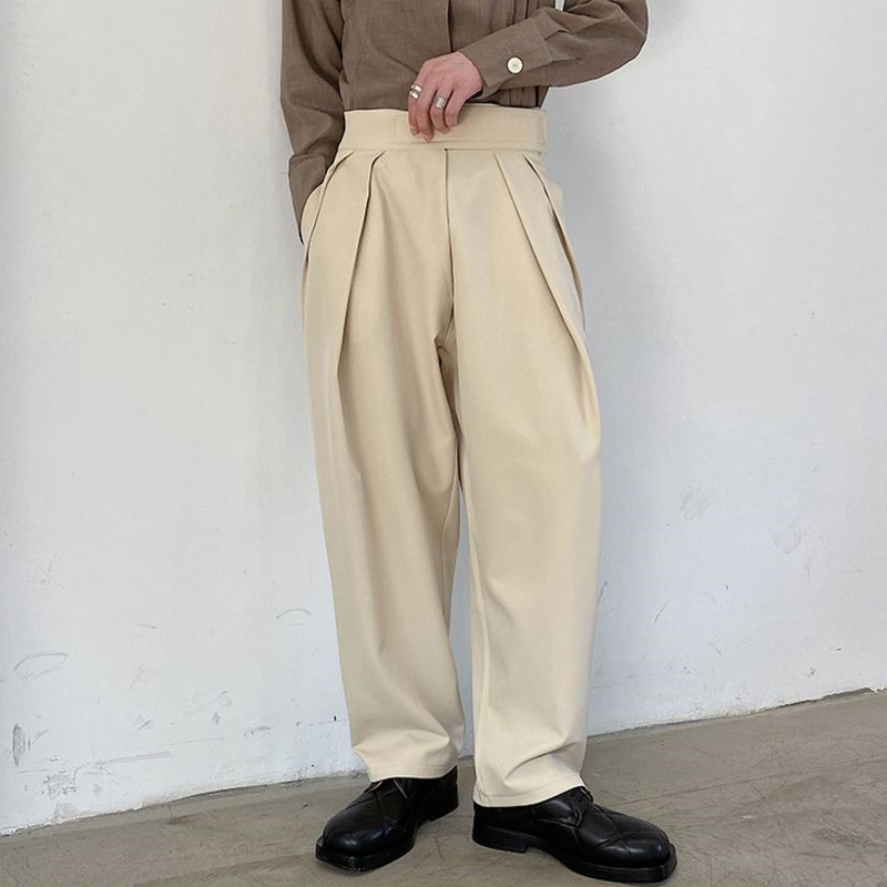 IEFB / Korean style adjustable high waist wide leg pants men casual loose wide leg pants for men trousers fold front 9Y4217 210524