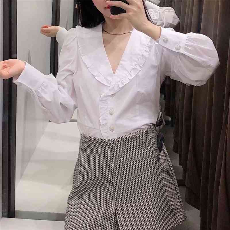Elegant Women Solid White Patchwork Shirts Fashion Ladies Pearl Button Tops Streetwear Female Chic Ruffles Blouses 210430