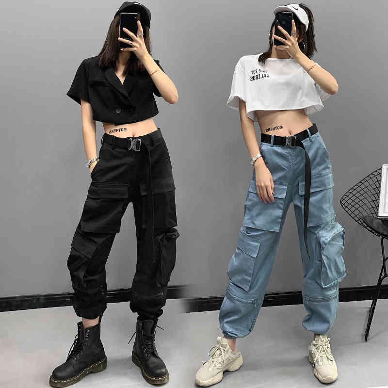 Fashion Orange cargo pants women joggers high waist Camouflage streetwear pocket loose capris trousers 210521