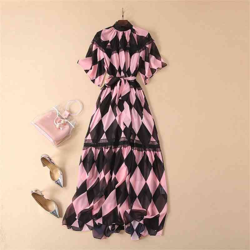 Spring Pink Geometric Printed Lace Patchwork Slim-Fit Lace-up Small Stand-up Collar Suspender Dress Women 210615Z