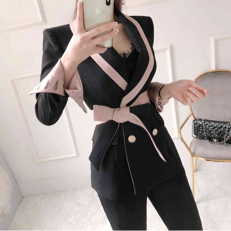 Spring Pants Suit Lace-up Breasted Jacket And Long Business 2 Pieces Korean Slim Work Wear Blazer Set 210506