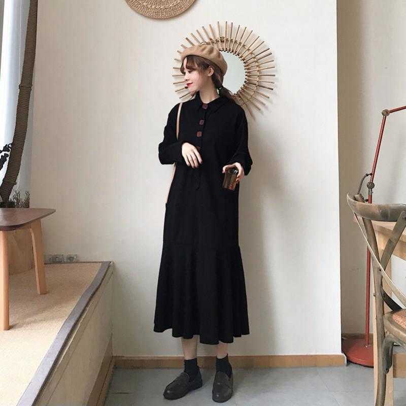 Yedinas Japanese Style Black Maxi Dress Long Sleeve Chic Button Ladies Elegant Large Dresses Party Vestidos Plus Size 4XL 210527
