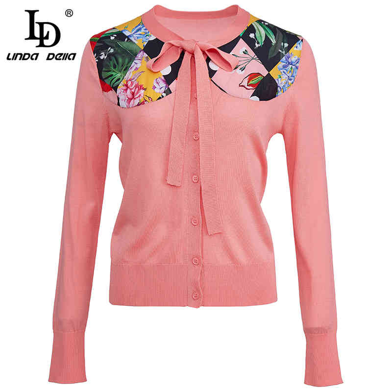 Women Spring Fashion Runway Cardigan Sweaters Long Sleeve Bow Solid Printed Ladies Knitting Slim Tops 210522
