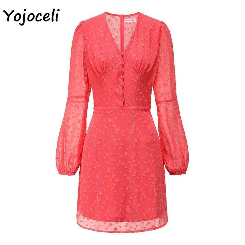 Yojoceli sexy autumn long sleeve chiffon jacquard dres v neck mini female vestidos 210609