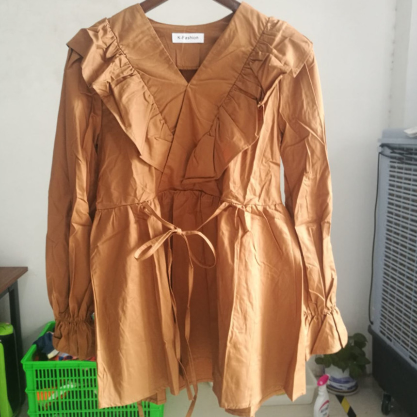 [EWQ] Spring New Sweet Long Sleeve V-Neck Flare Sleeve Women Dresses Korea Style Ruffles Shangp Ladies Shirt Dress QZ44100 210409