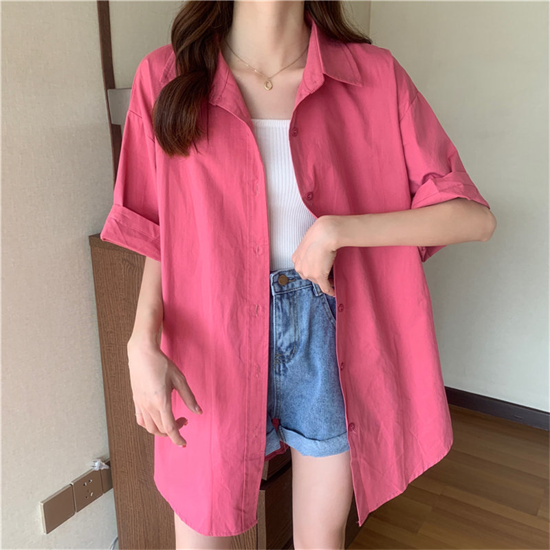 Short Sleeves Brief Outwear Casual Streetwear Elegance Loose Chic Solid Minimalist Summer Femme Gentle OL Shirts 210421