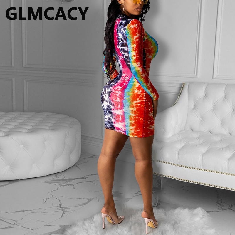 Women Colorful Tie Dye Mini Dress Sexy Bodycon Party Club Dresses 210702