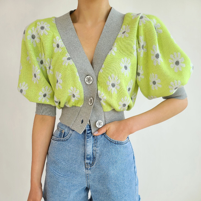 Lucyever Chic Floral V-neck Knitted Cardigan Women Summer Vintage Puff Short Sleeve Cropped Tops Female Fashion Elastic Shirts 210521wtt