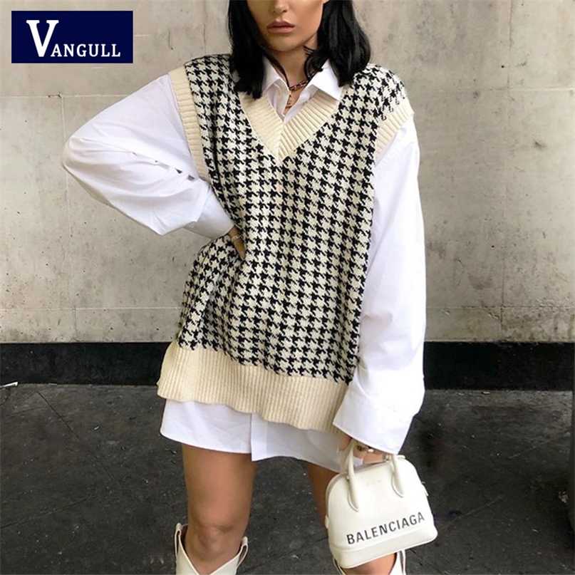 Vangull Fashion Oversized Houndstooth Knitted Vest Sweater Women Vintage Sleeveless Side Vents Female Waistcoat Loose Chic Tops 211120