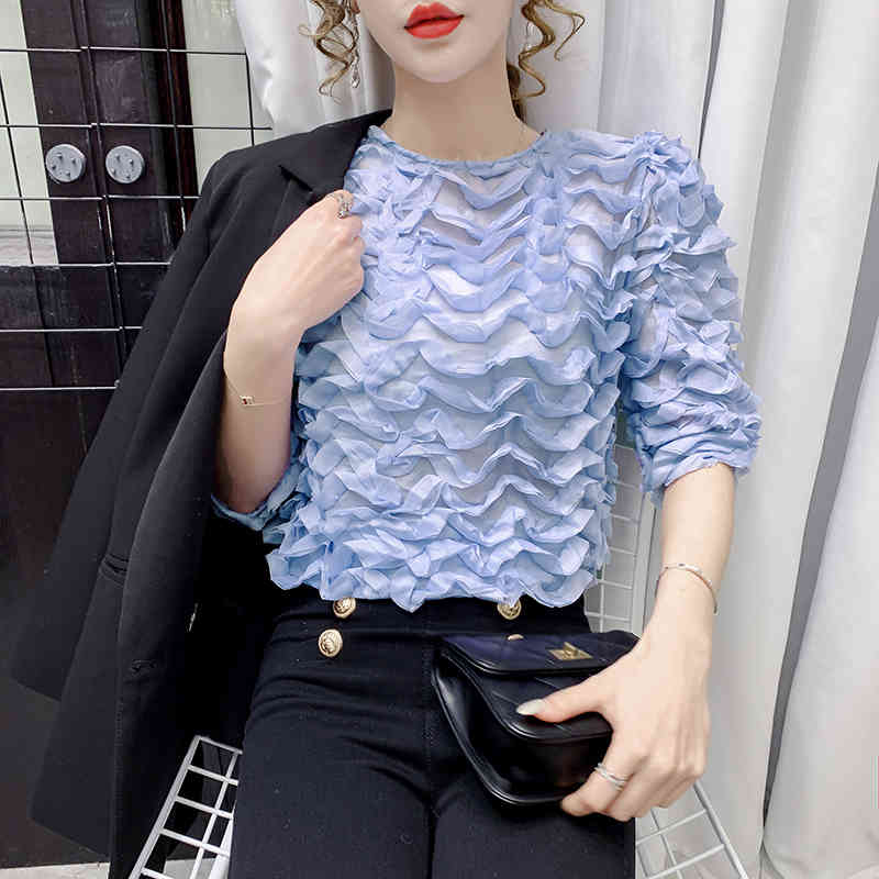 Women Blouse Niche Temperament Mesh Summer Chiffon Shirts Solid Blue Tops Round Collar Clothes Blusas 14464 210506