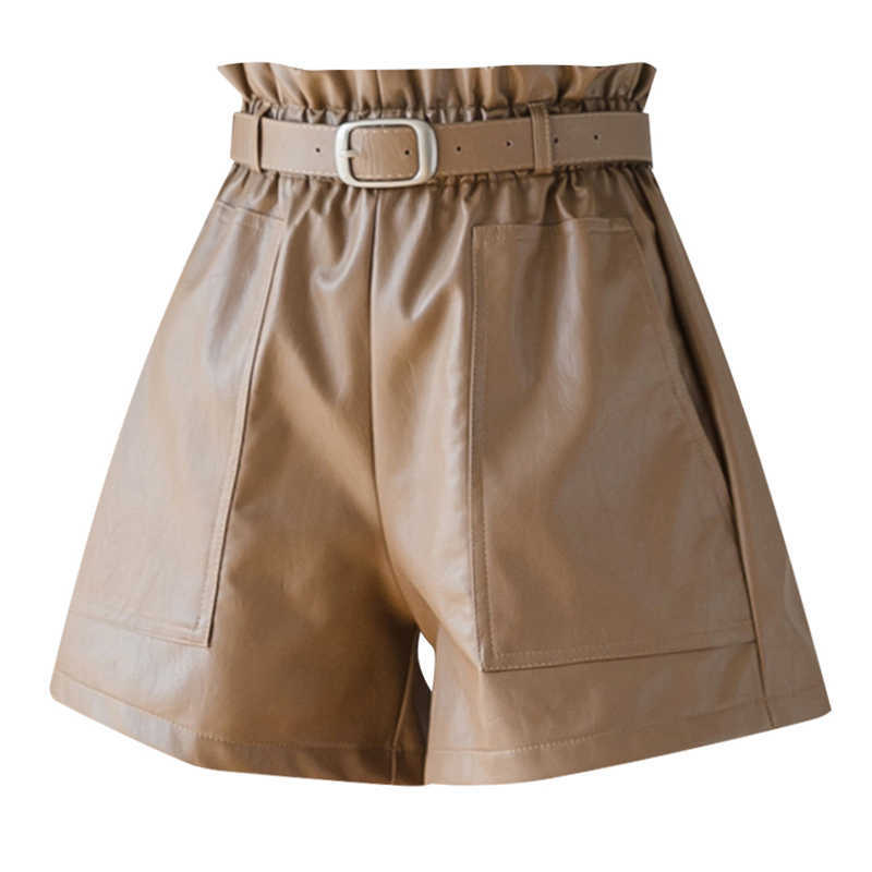 Jielur PU Autumn Winter Women Shorts Slim High Waist Solid Color Shorts Womens Chic Korean Belt Leather Short Trousers S-XL 210611