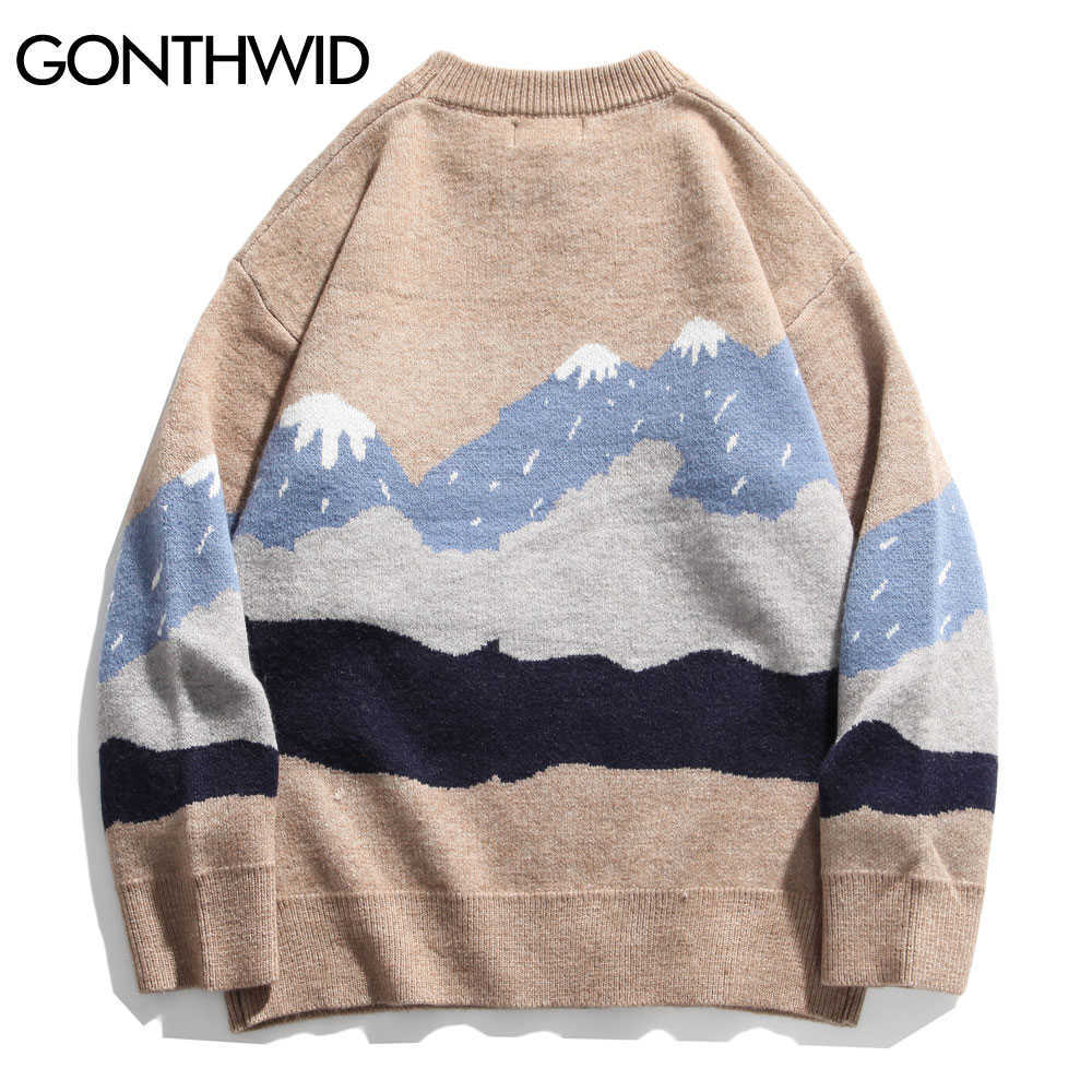 GONTHWID Snow Mountain Bear Patchwork Knitted Jumper Sweaters Streetwear Mens Hip Hop Harajuku Casual Knitwear Fashion Knit Tops 211008
