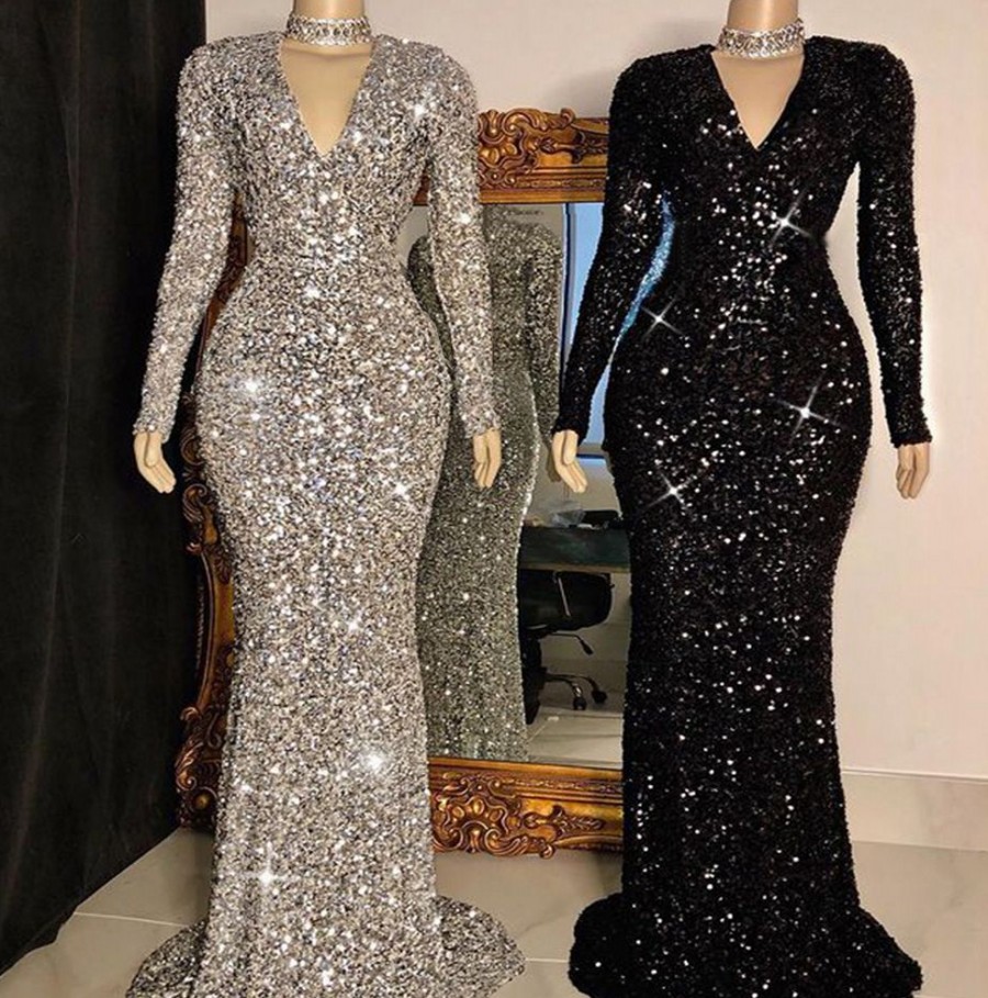 Sunny Sexy Mermaid Prom Dress 2024 V-neck Long Sleeve Sequins Satin African Women Black Girl Evening Formal Gowns For Party Vestidos De Fiesta robe so