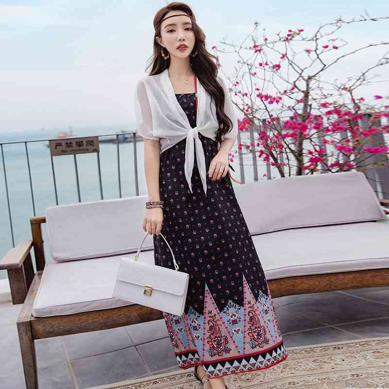 Summer Fashion Sweet Elegant Chiffon Women Dresses Long A-Line Thin Folk Bohemian Sea Sleeveless Female Dress D820 40 210506