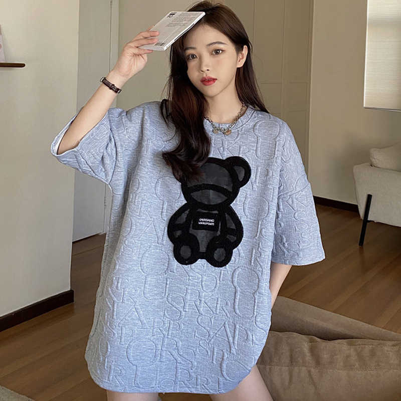 Women's T-shirts Harajuku Kawaii Girls Anime Y2K Tops Letter Jacquard O-neck Short Sleeves Loose Summer Tshirt Bear White Tees 210720