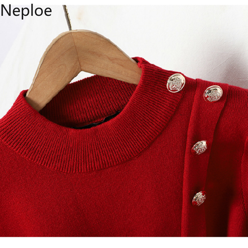 Neploe Knitted Elegant Woman Dress O-neck Single Breasted Vestidos Long Sleeve High Waist A-Line Slim Robe Dresses Women 4G943 210422