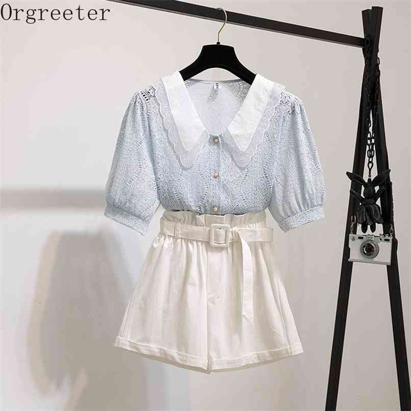 Summer Two piece Student Sets Women's Suits Peter pan collar Single-breasted Lace Shirt + Ruched Bud pants Shorts Outfits 210602, White shorts
Summer Two piece Student Sets Women's Suits Peter pan collar Single-breasted Lace Shirt + Ruched Bud pants Shorts Outfits 210602, White shorts