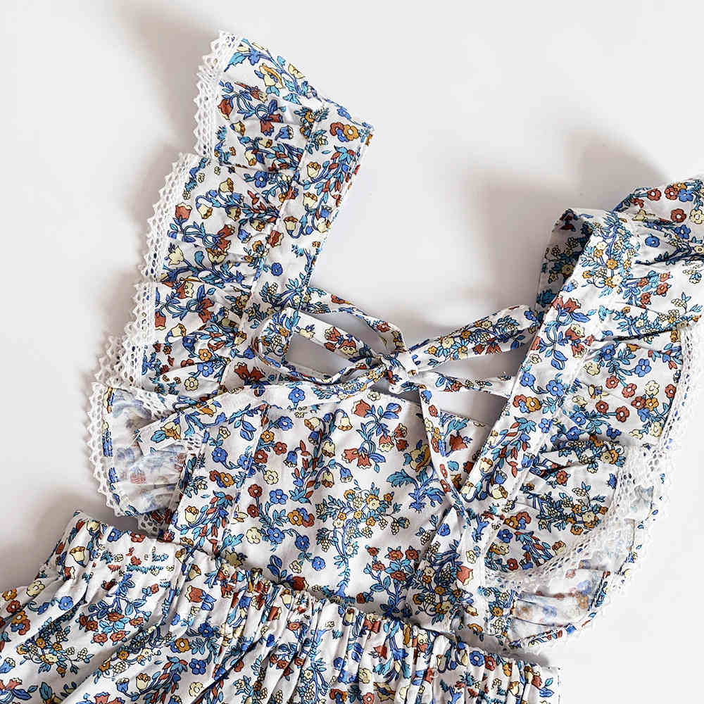 spring and summer girls cotton floral lotus leaf jumpsuit baby romper bow overalls girl clothes 210515