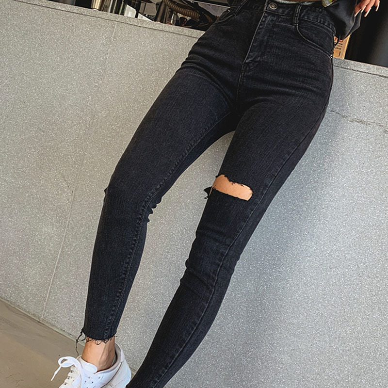 for Women Black Jeans High Waist Skinny Tassel Ripped Holes Female Pencil Denim Trousers Casual Pantalon 10401 210518