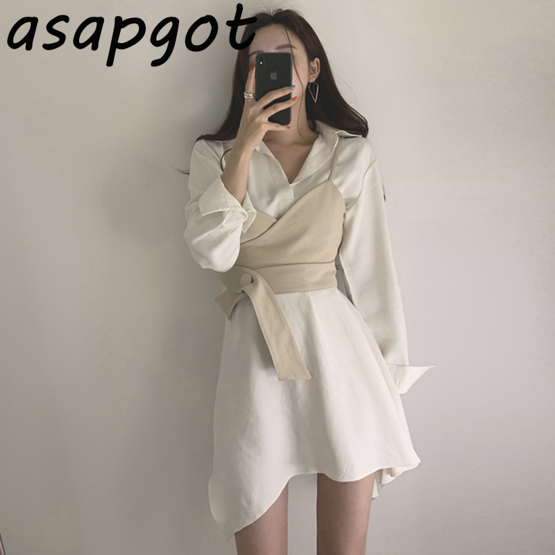 Sexy Camisole Tops Chic Retro Slim Fashion Waist Solid Turn Down Collar Irregular Shirts Dress Women Office Lady Temperament 210429