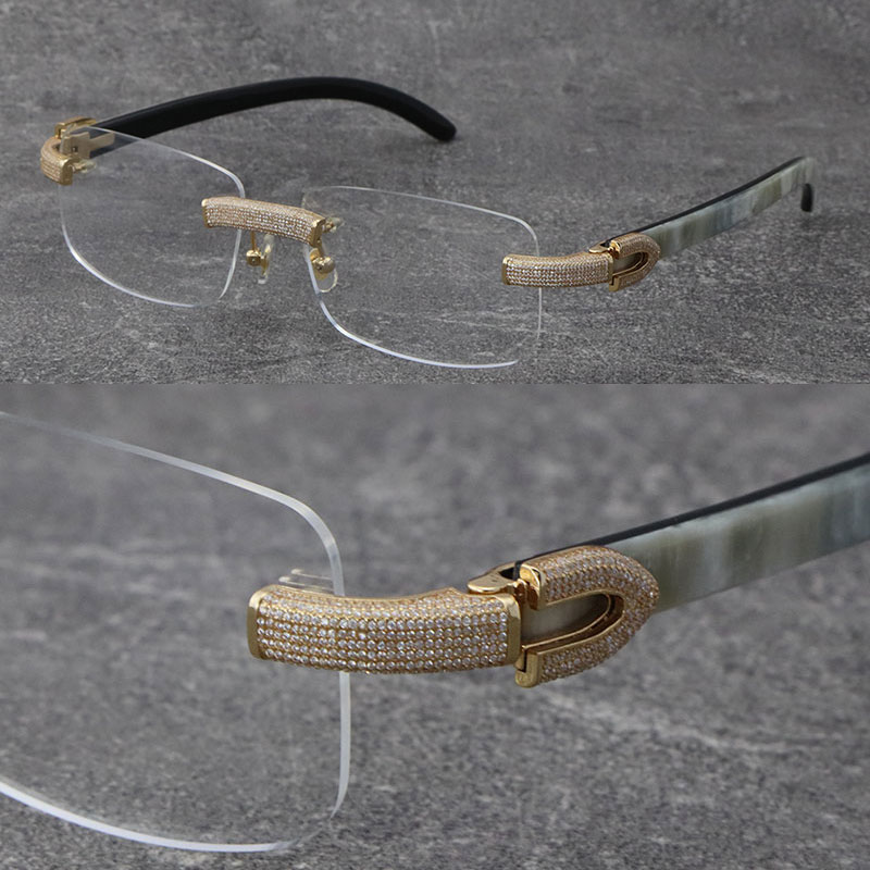 Wholesale New Black Mix White Buffalo Horn Frames Eyewear Rimless Micro-paved Diamond set Glasses male and female 18K gold frame glasses Unisex Eyeglasses Size:57-18
Wholesale New Black Mix White Buffalo Horn Frames Eyewear Rimless Micro-paved Diamond set Glasses male and female 18K gold frame glasses Unisex Eyeglasses Size:57-18