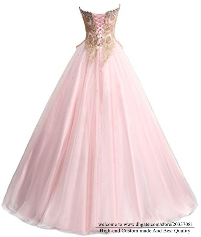Quinceanera Dresses 2021 Pink Crystal Princess Sweetheart Gold Appliques Party Prom Formal A-Line Lace Up Tulle Vestidos De 15 Anos Q25