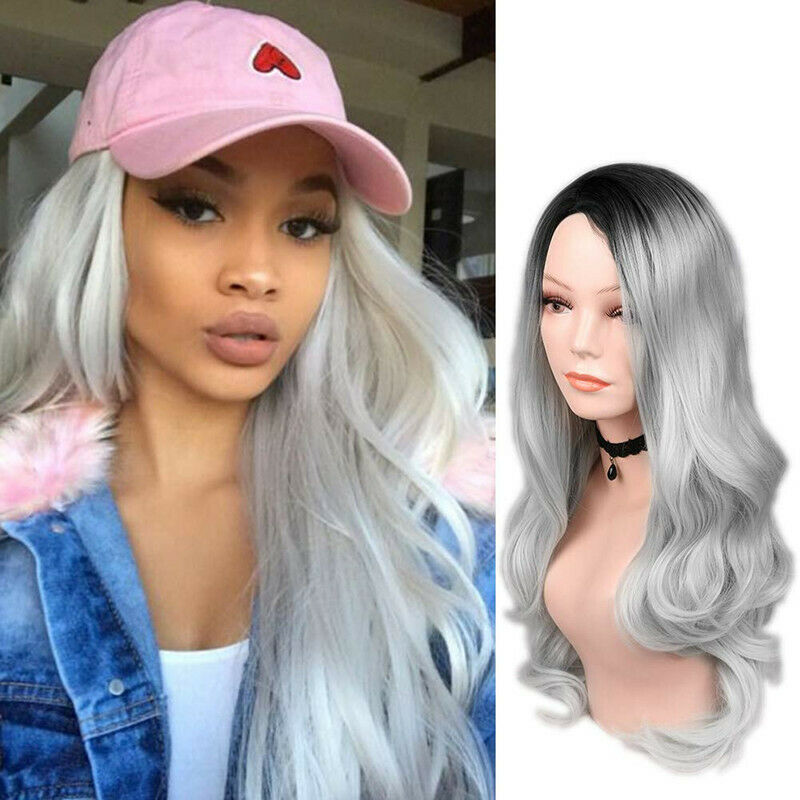 Women's Long Wavy Curly Ombre Black Root Silver Grey Cosplay Anime Wigs