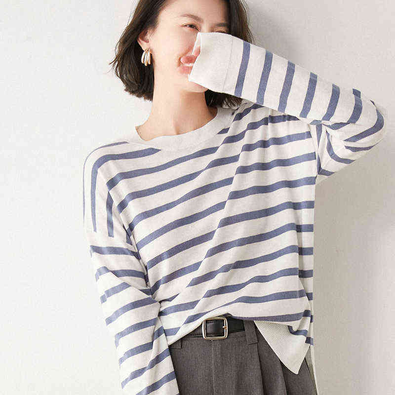 GCAROL Women Color Spliced Stripes Sweater Drop Shoulder Loose Elegant Knit Pullover Soft Stretch Spring Autumn Winter Jumper 211109