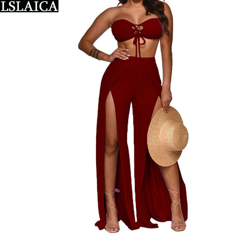 Two-piece Women's Casual Set Split Wide Leg Trousers Off Shoulder Sleeveless Sexy & Club Fashion Personalized Clothes Women 210520