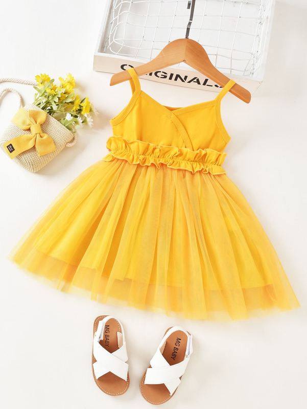 Toddler Girls Overlap Collar Ruffle Trim Contrast Mesh Cami Dress SHE