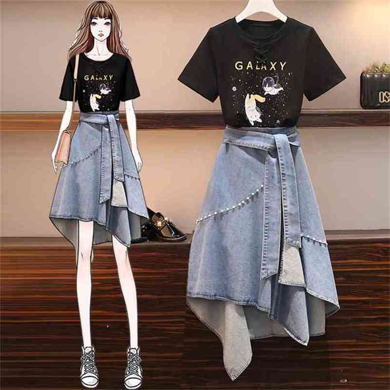 2 Pieces Sets For Women Summer Lacing Printted Black Tshirt and Beaded Lace-Up Irregular Denim Skirt Suit 210602, Only tops
2 Pieces Sets For Women Summer Lacing Printted Black Tshirt and Beaded Lace-Up Irregular Denim Skirt Suit 210602, Only tops