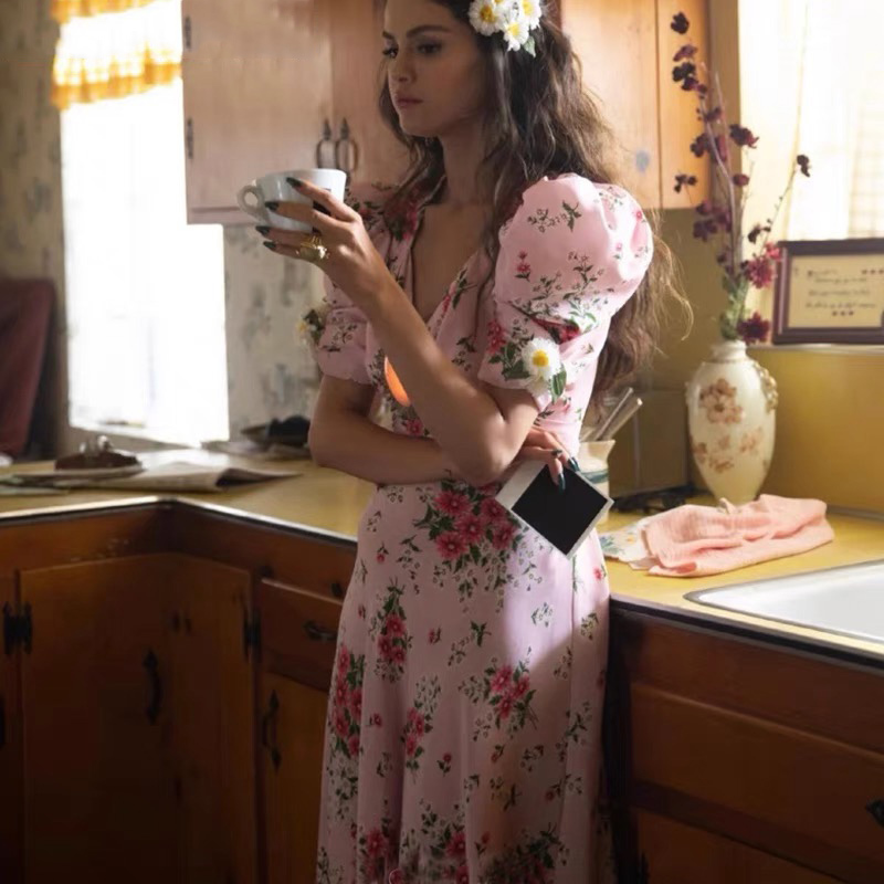 celebrity Kendall pink floral printed v-neck midi dress ruched puff sleeve sweet cute young lady party chic dresses 2xl 210421