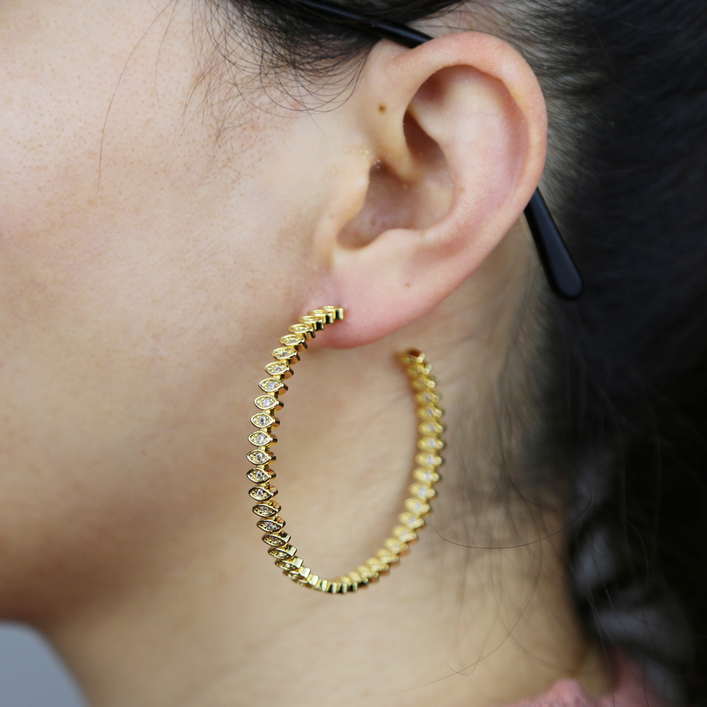 New Gold Silver Color Fashion Wedding hoop earring Jewelry Big Crystal Eye Shape 50mm Earrings Circle Round Earrings for Women