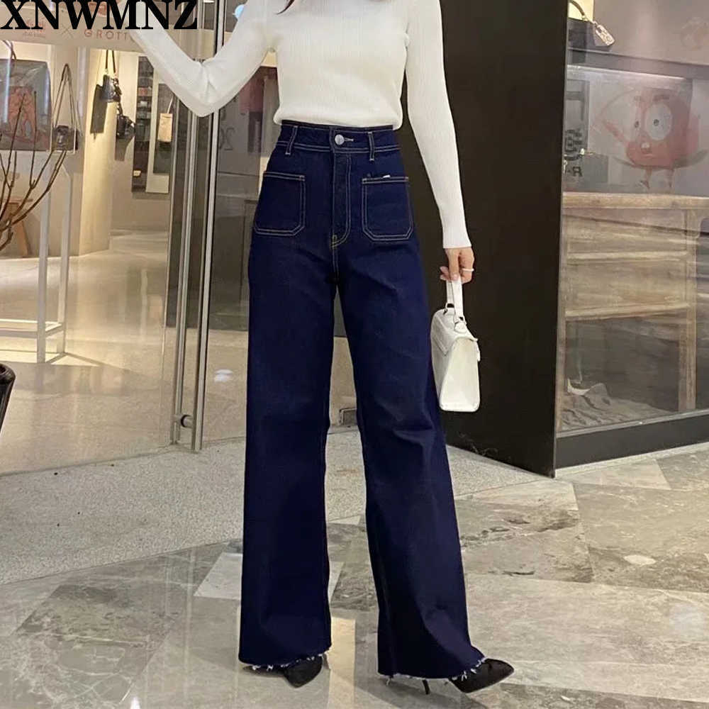 XNWMNZ Za women Fashion premium patch pocket marine straight jeans ladies Vintage High-waist Female trousers girls pants 210809