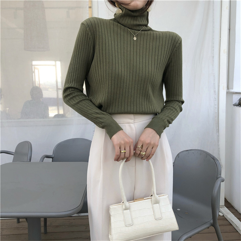 Autumn Spring OL Minimalist Slim-fit Knitted Pullovers Women Sweaters Turtleneck Sweater Winter Bottoming Tops 210421