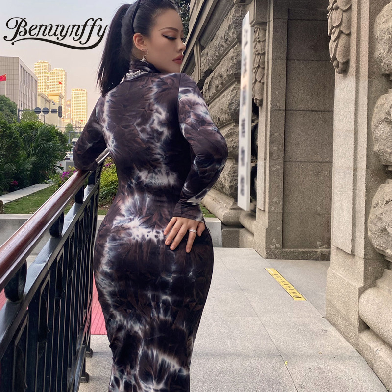 Turtleneck Tie Dye Slim Fit Long Dress Women Spring High Waist Sleeve Plus Size Ladies Elegant Bodycon 210510