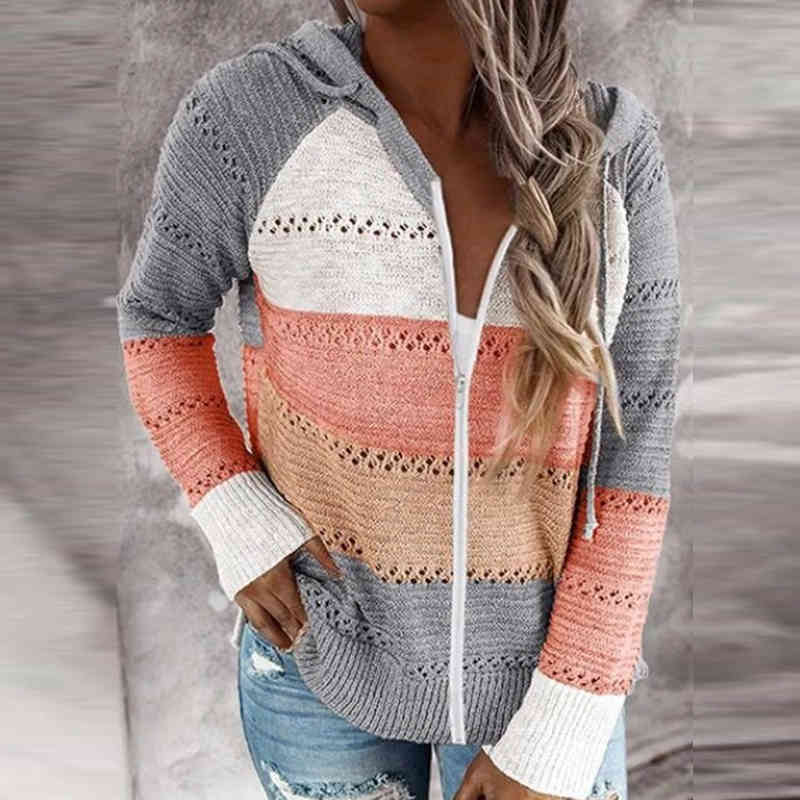 Sexy Striped Patchwork Women Knitwear Sweaters Autumn Winter Fashion Long Sleeve Go out Hooded Casual Loose Sweaters 210515