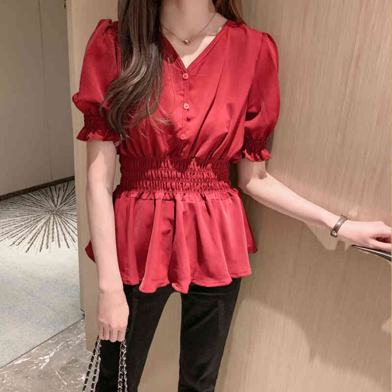 Korean Style All-match Short-Sleeve Blouse Women Blusas Mujer De Moda Slim Chiffon Shirt Summer Clothes 8971 50 210506