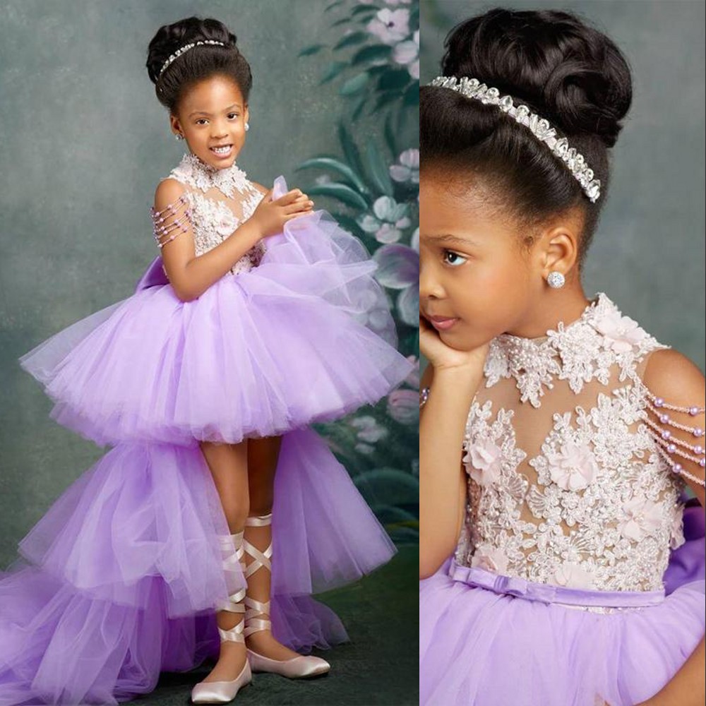 2021 Lilac Purple Flower Girl Dresses High Neck Hi Lo Lace Appliques Beads Bow Kids Girls Pageant Dress Tiered Sweep Train Birthday Gowns