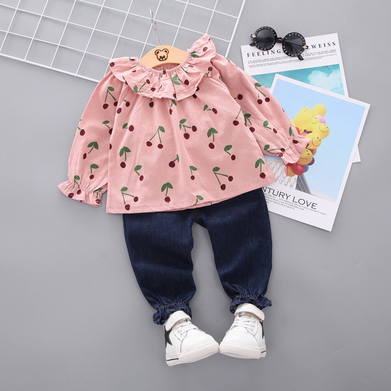 Baby Girl Clothes Sets For Children Strawberry Turndown Collar T-shirt Jeans Pants Cute Toddler Girls Suit for Kid 210508