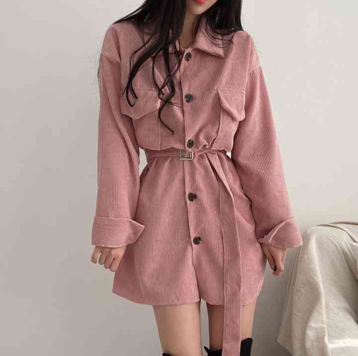 Retro Single-breasted Corduroy Women Mini Dresses Spring Autumn Long Sleeve Turn Down Collar Sexy Short Dress With Belt Pocket 210514
