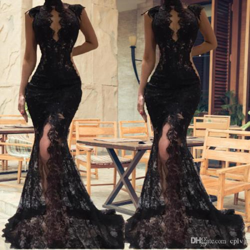 2022 Sexy Black Sleeveless Mermaid Prom Dresses Split High Neck Evening Gowns See Through Full Lace Celebrity Party Dress