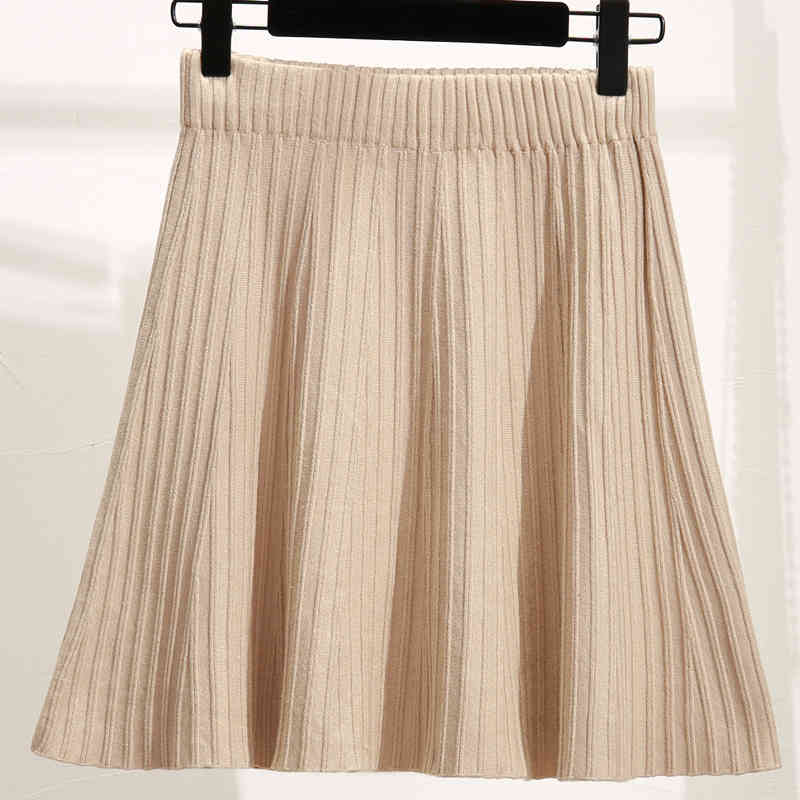 Autumn A-Line High Waist Skirt Female Solid Slim Knitted Bubble Pleated s Jupe Femme Faldas Cortas 10368 210518