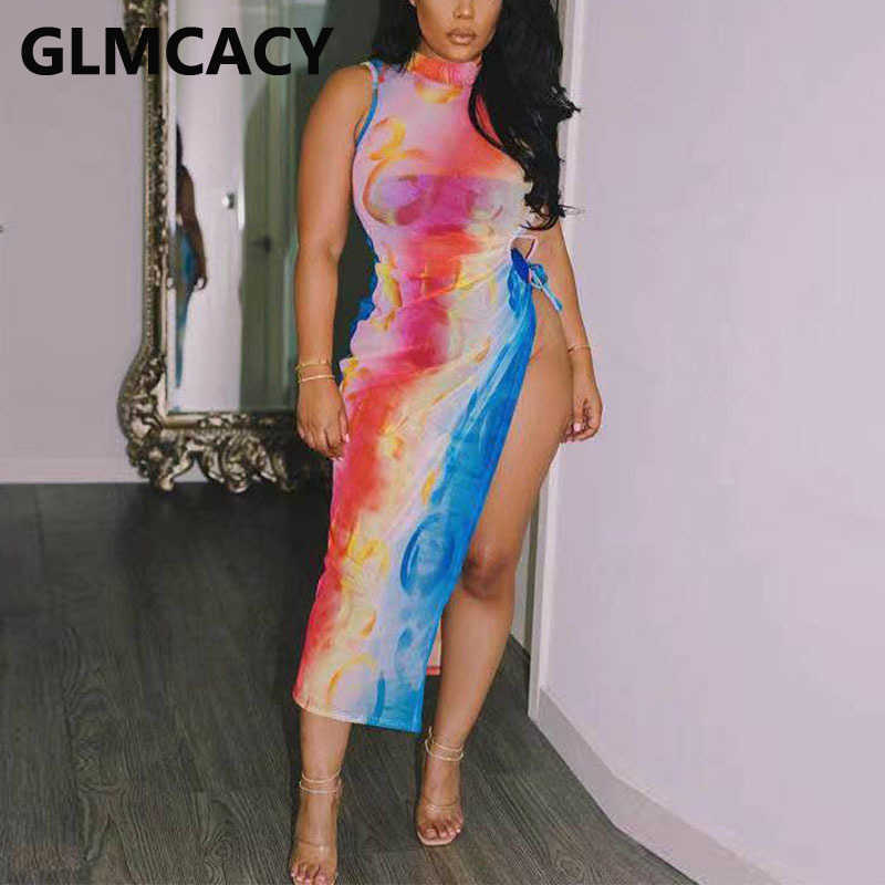 Women O-neck Sleeveless Tie Dye Printed Slit Bodycon Dress 210702