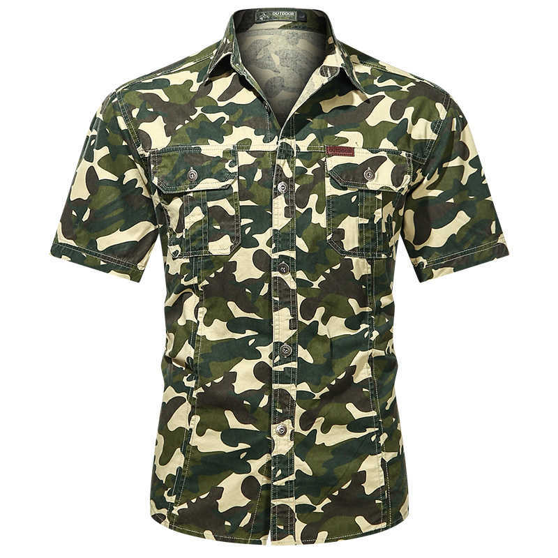 Camouflage Short Sleeved Shirts Men Summer Army Green Cotton Denim Shirts Casual Tooling Shirts Slim 2 Pockets Men's Blouse 210603